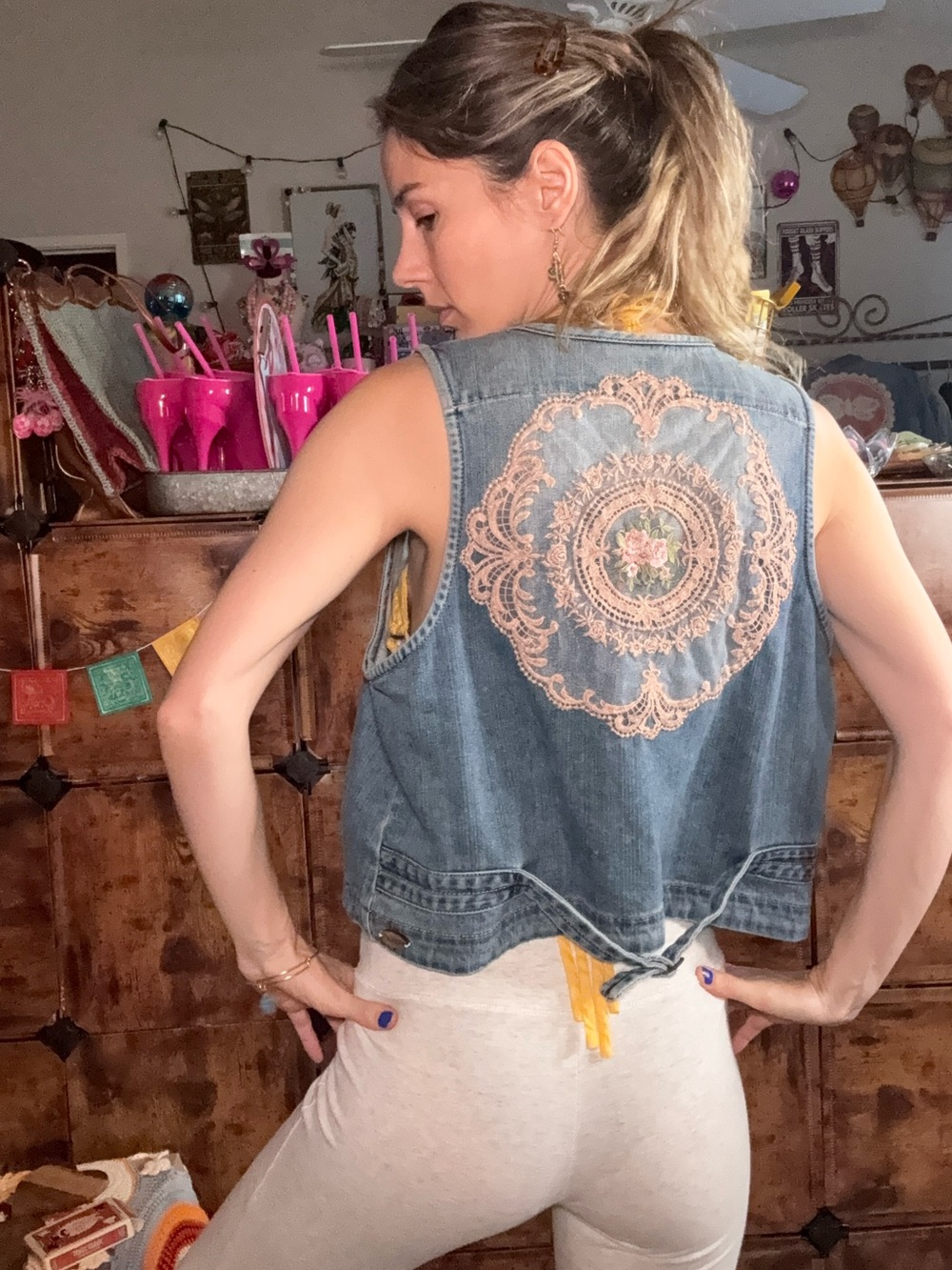 EKA Embroidered Blue Denim Sleeveless Vest with Pink Medallion